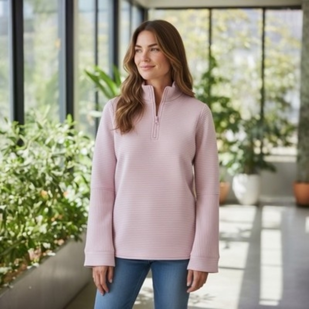 Women's Pink Ribbed Quarter Zip Pullover Sweatshirt Size M Activewear Top VG